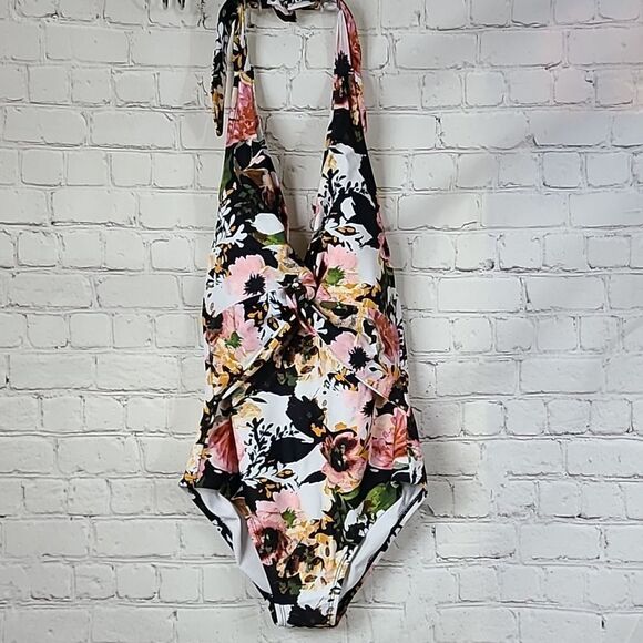 Kona Sol Twist Front Halter One-Piece Swimsuit Floral Print Small Bathing Suit - Picture 2 of 10